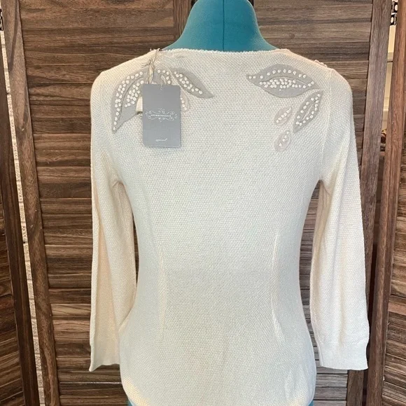 ANTHROPOLOGIE Knitted & Knotted Ivory Cardigan Felt Leaf Cashmere Cotton NWT - Picture 7 of 16